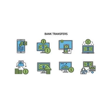 Digital banking and financial data analysis icon set Stock Illustration