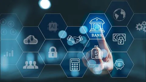 Digital banking and fintech interface with hand touching bank icon on hexag.. Stock Photos