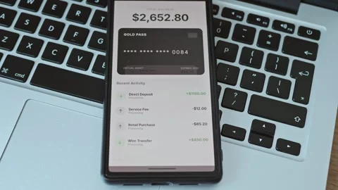 Digital banking app interface showing money balance and transaction Stock Footage 337998200