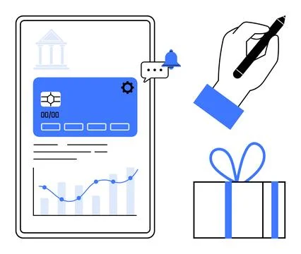 Digital banking interface featuring card, bell, chart graph, and gift box wit Stock Illustration