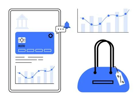 Digital banking interface, graphs with upward trends, and shopping bag with p Stock Illustration