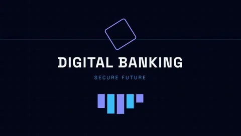 Digital Banking Intro Sequence on Neon Blue Glitch Tech Effect Background Stock Footage 337501174