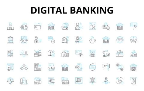 Digital banking linear icons set. Fintech, Mobile, Online, Transactions Stock Illustration