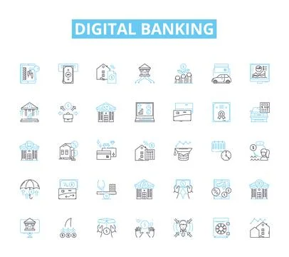 Digital banking linear icons set. Fintech, Mobile, Online, Transactions Illustrazione stock