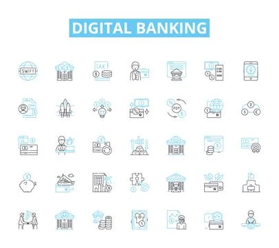Digital banking linear icons set. Fintech, Mobile, Online, Transactions Illustrazione stock