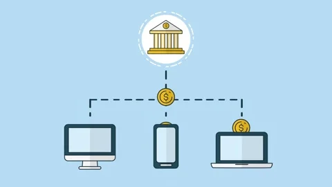 Digital banking network transfer animation with coins moving from central b.. Stock Footage 339269341