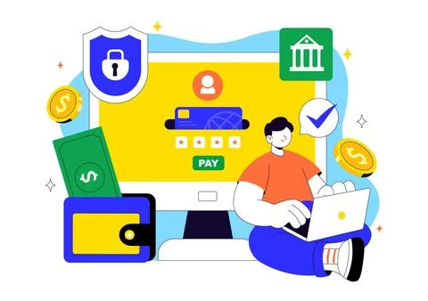 Digital Banking Security Vector Illustration Featuring Secure Payment Syste.. Stock Illustration