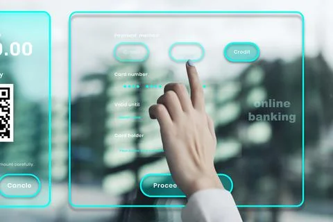 Digital banking on a transparent screen Stock Photos