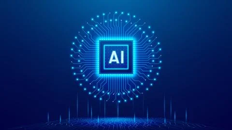 Digital banner with AI microchip Stock Illustration