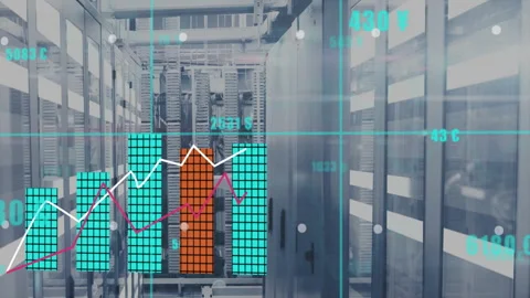 Digital bar chart floating above server racks, showing turquoise orange columns Stock Footage 309109135