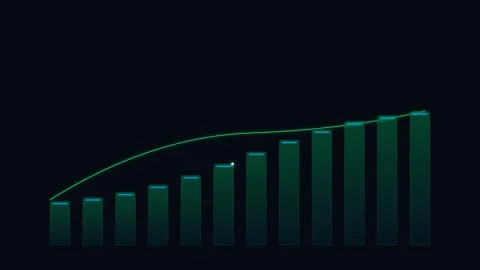 A digital bar chart showing steady growth with a glowing trend line overlay Видео 338310659