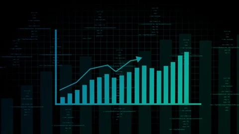 Digital Bar Chart with Upward Trend Arrow and Code Overlay on Dark Grid gra.. Stock Footage 321586424
