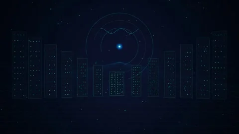 Digital bar graph city landscape with glowing nodes and radar HUD against a dark Stock Footage 348932858