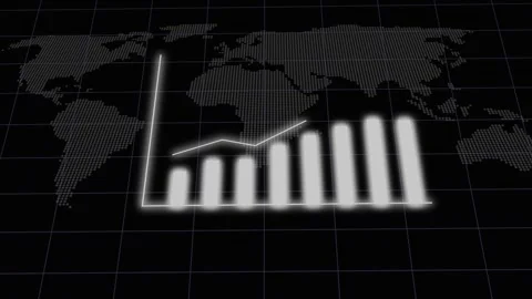 Digital bar graph with declining trend line animated on dark grid background. Stock Footage 259767161