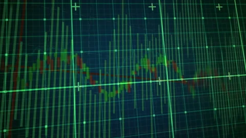 Digital bar-line chart showing grid, bars spiking, fluctuating, trend line Stock Footage 314744774