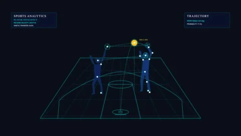Digital basketball animation with glowing wireframe players passing ball Stock Footage 346546896