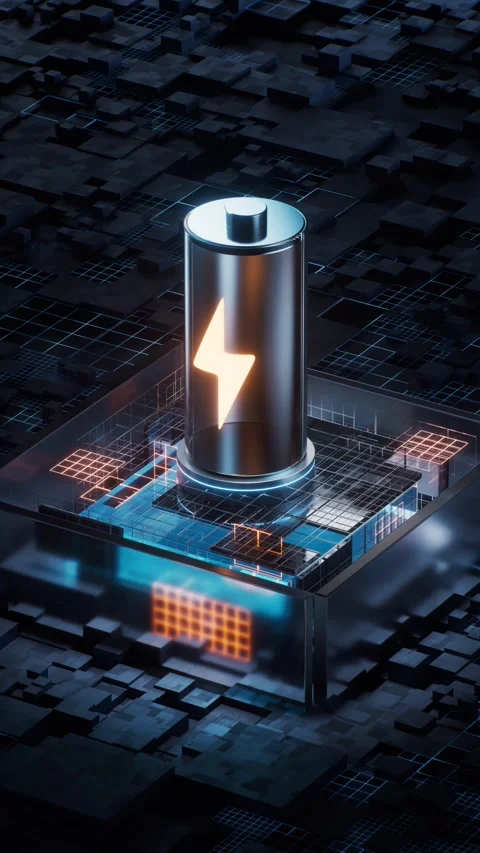 Digital battery charging icon symbolizing fast power transfer on futuristic.. 스톡 동영상 327109399