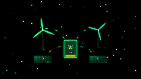 Digital battery charging with wind turbines and solar panels in neon motion.. Stock Footage 344835383
