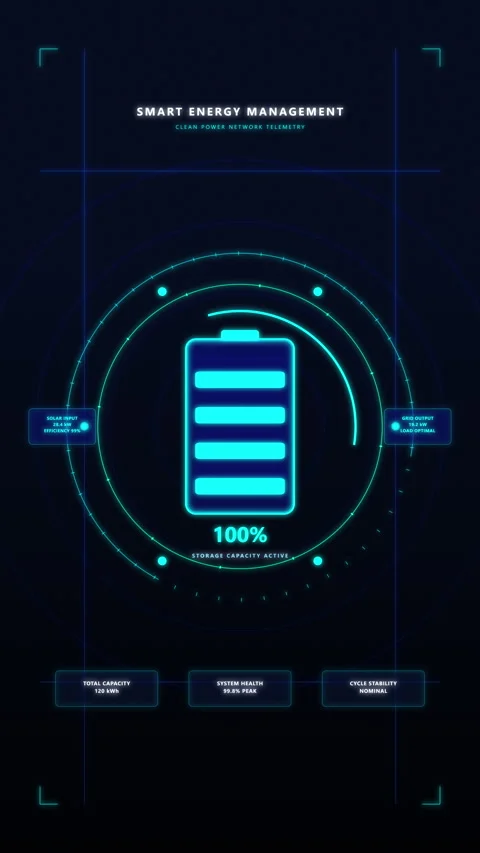 Digital battery level indicator with hud interface, charging progress data .. Stock Footage 348327499