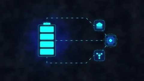 Digital battery loading animation with network connection data flow, energy.. Stock Footage 348327545