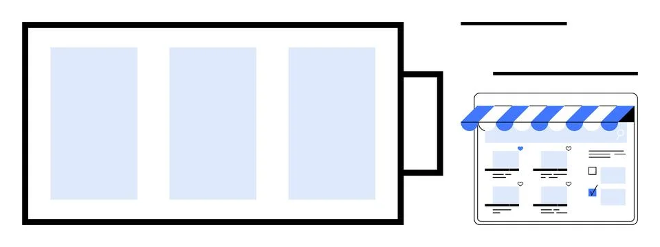 Digital battery with three sections beside an online storefront with a blue-a 스톡 일러스트