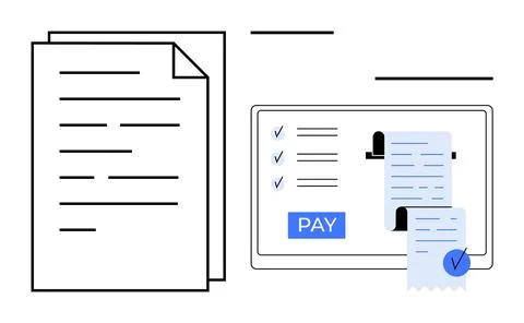 Digital Bill Payment on Tablet with Paper Documents and Checkmarks Indicati.. Illustrazione stock