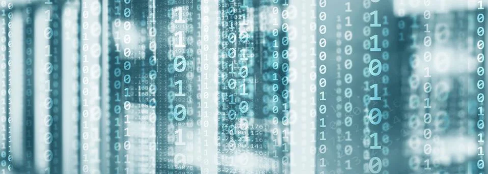 Digital Binare Code on Data Center Background. Technology Panoramic Wallpaper Stock Photos