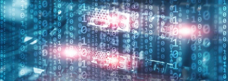 Digital Binare Code on Data Center Background. Technology Panoramic Wallpaper 스톡 사진