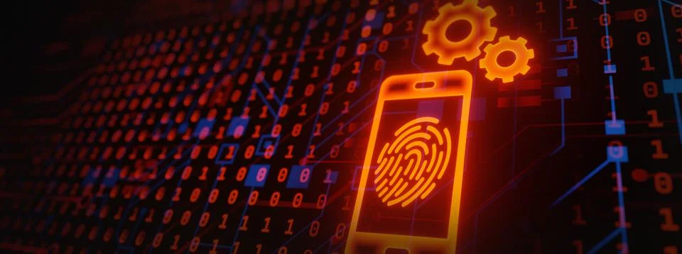 Digital binary circuit code cybersecurity on mobile phone 3D rendering Illustrazione stock