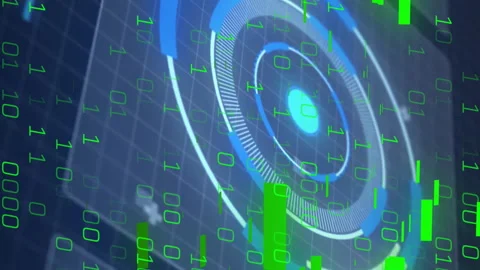 Digital binary code and futuristic target interface animation over grid Stock Footage 313171094