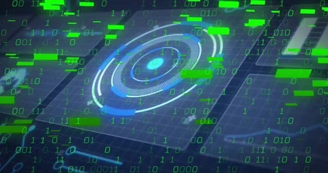 Digital binary code and futuristic target interface animation over grid Stock Footage 326877023