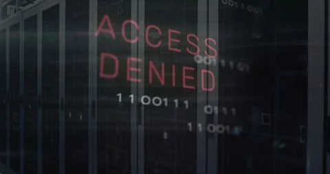 Digital binary code and server racks with Access Denied animation in foreground Vídeos de archivo 303419412