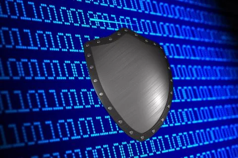 Digital binary code and shield on blue background. 3d illustration Illustrazione stock