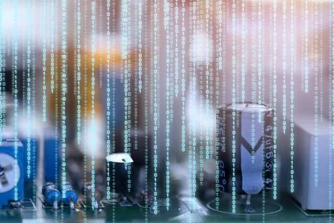 Digital binary code on the background of the electronic board. Stock Photos