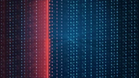 Digital binary code background with scrolling blue data and red glowing light Stock Footage 341827124