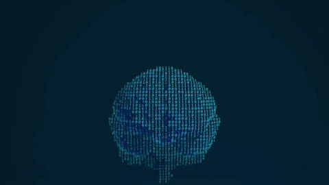 Digital binary code brain on a dark horizontal background, representing art.. Foto stock
