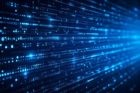 Digital binary code data flow with glowing blue light rays on black backgroun 스톡 일러스트