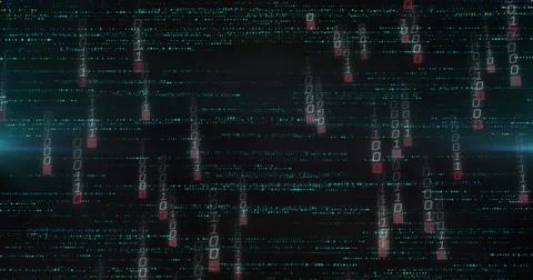 Digital binary code falling on screen, representing data flow and technology Stock Photos