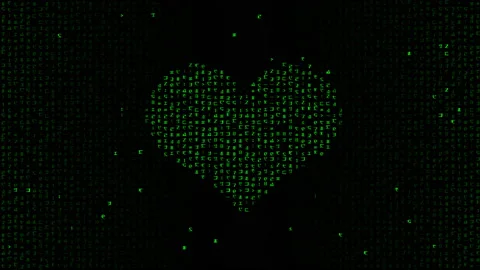 Digital binary code forms heart symbol on computer screen 4K Stock Footage 148054308