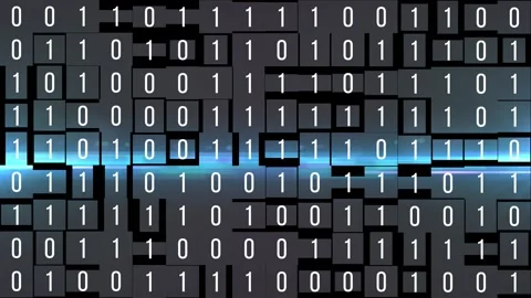 Digital binary code grid with flickering ones and zeros on dark tiles Stock Footage 333629612