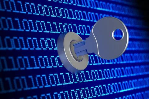 Digital binary code with key on blue background. 3d illustration Stock Illustration