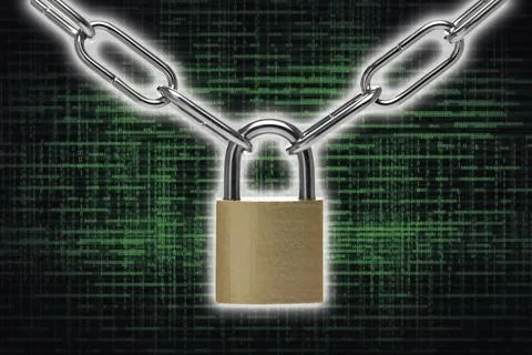 Digital binary code, lock and chain Coloured background with structures and copy Stock Photos