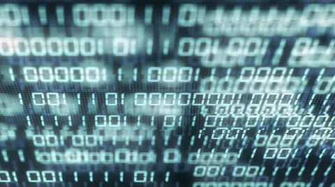 Digital binary code number on computer screen background. Blue green digit... Foto stock