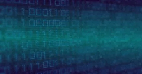 Digital binary code overlays a blue abstract background Stock Photos