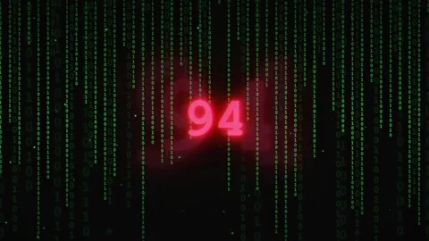 Digital binary code rain background with glowing red number ninety four in Stock Footage 336776124