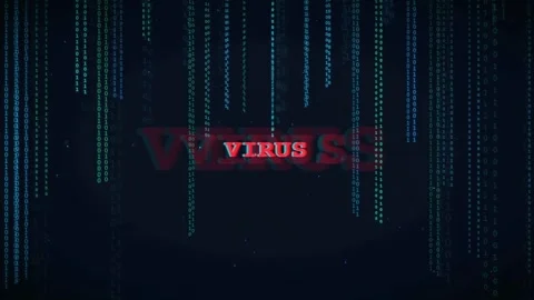 Digital binary code rain background with red virus warning text for Stock Footage 336776241