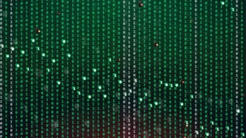 Digital binary code rain falling on a dark green background for technology and Video stock 343153465