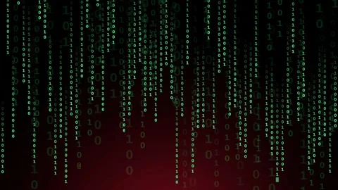 Digital binary code rain falling over a dark red and black gradient background Stock-Footage 343162785