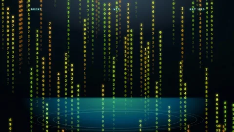 Digital binary code rain falling over a glowing blue futuristic holographic Vídeos de archivo 344776112