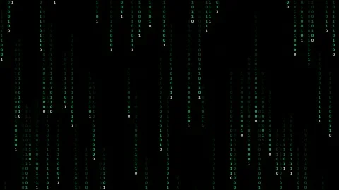 Digital binary code rain falling vertically on a black background for Video stock 345430035